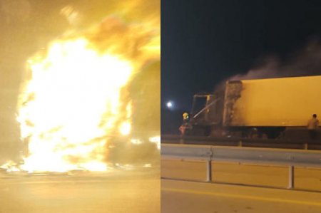 Bakıda 20 ton un aparan TIR yandı 